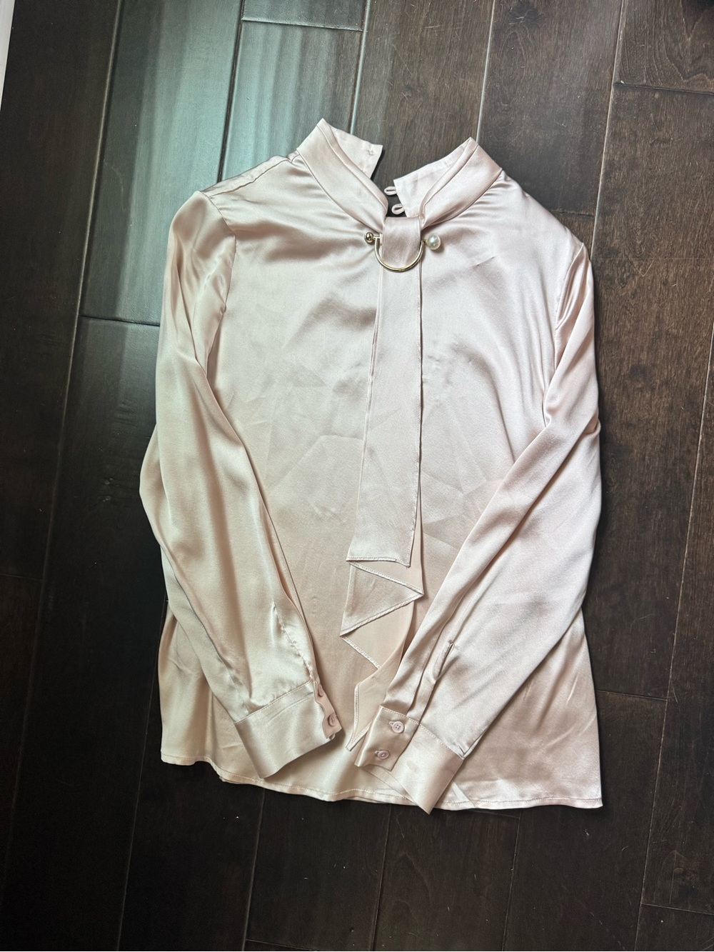 Tie-Neck Satin Blouse in Soft Pink with Gold Pearl Ring Detail
